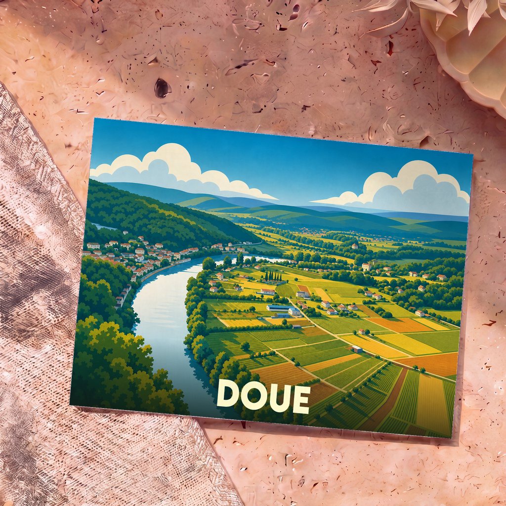 Carte postale souvenir de la ville de Doue avec une illustration stylisée d'un paysage de vallée verdoyante.