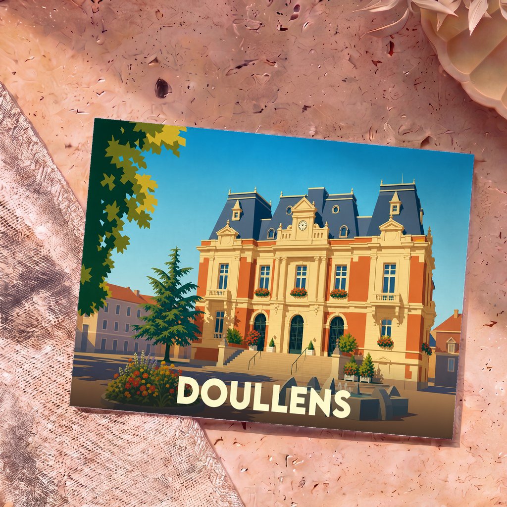 Carte postale souvenir de la ville de Doullens avec une illustration stylisée de son hôtel de ville.