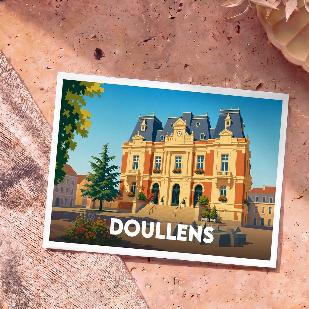 Carte postale souvenir de la ville de Doullens avec une illustration stylisée de son hôtel de ville.
