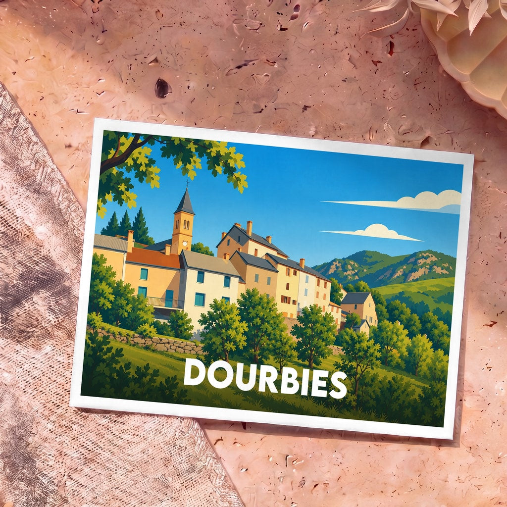Carte postale souvenir de la ville de Dourbies avec une illustration stylisée et colorée.