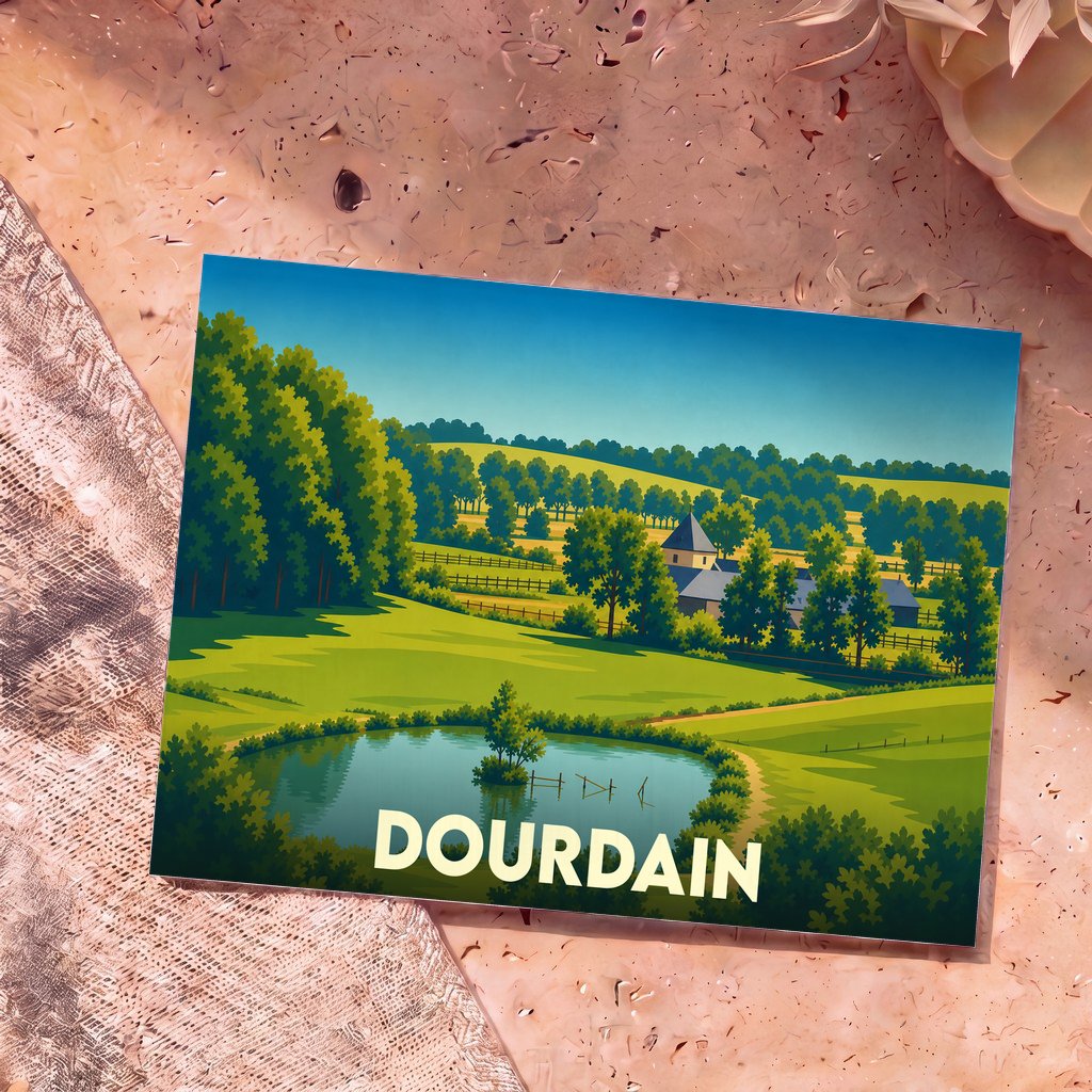 Carte postale souvenir de la ville de Dourdain avec une illustration stylisée de son paysage vallonné.