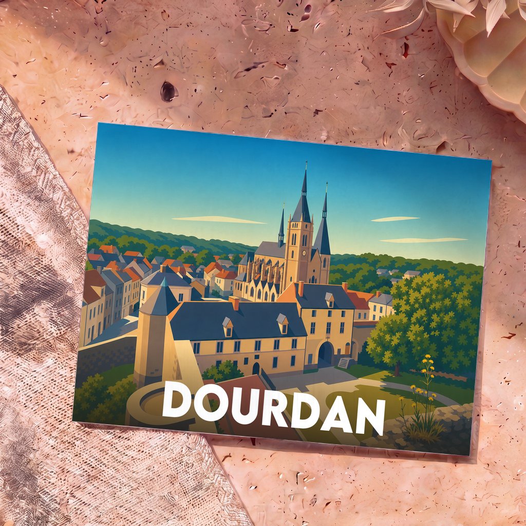 Carte postale souvenir de la ville de Dourdan avec une illustration stylisée.