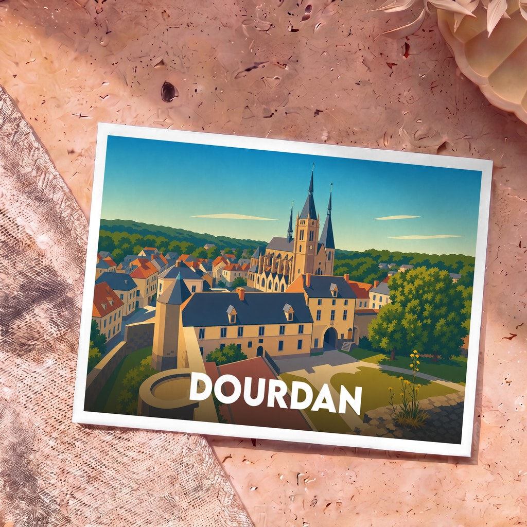Carte postale souvenir de la ville de Dourdan avec une illustration stylisée.