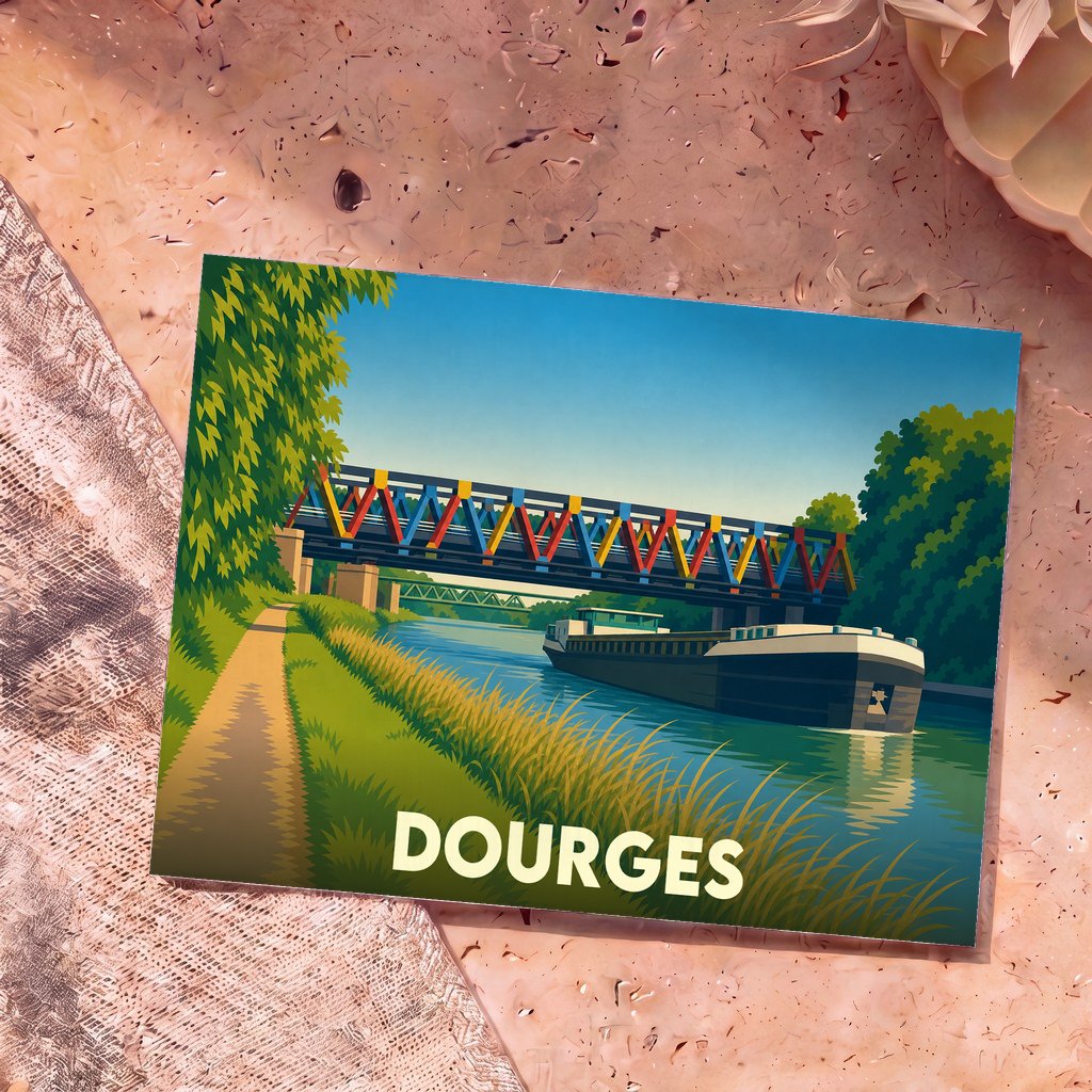 Carte postale souvenir de la ville de Dourges avec une illustration stylisée d'une péniche passant sous un pont coloré.
