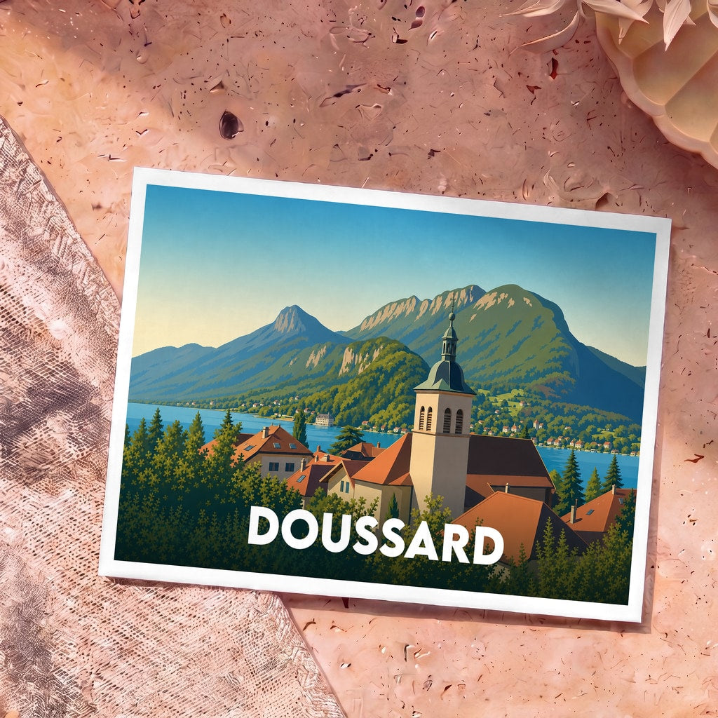 Carte postale souvenir de la ville de Doussard avec une illustration stylisée d'un village de montagne au bord d'un lac.