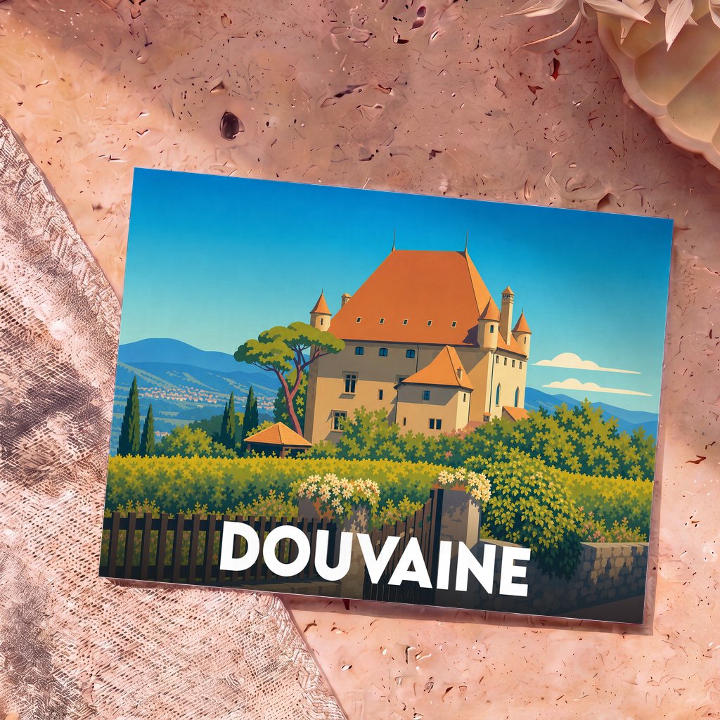 Carte postale souvenir de la ville de Douvaine illustrant son château dans un style graphique épuré.