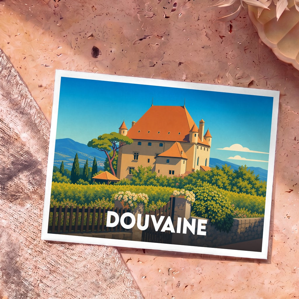 Carte postale souvenir de la ville de Douvaine illustrant son château dans un style graphique épuré.