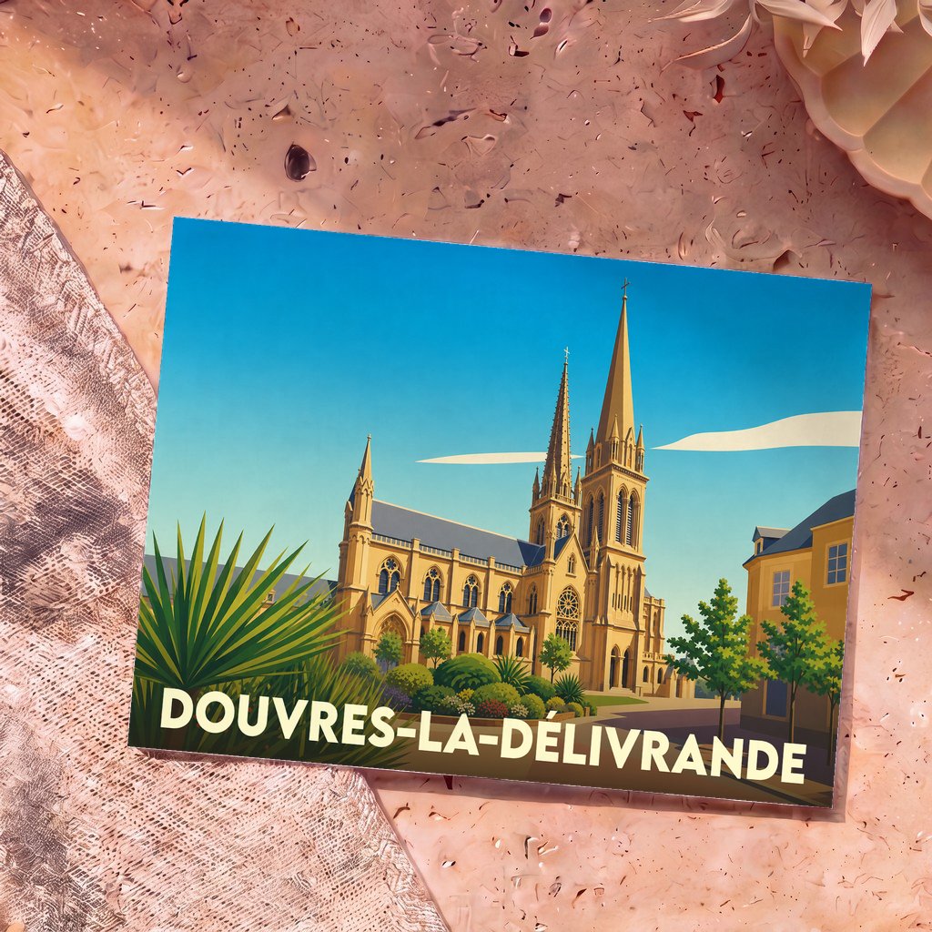 Carte postale souvenir de la ville de Douvres-la-Délivrande avec une illustration stylisée de sa basilique.