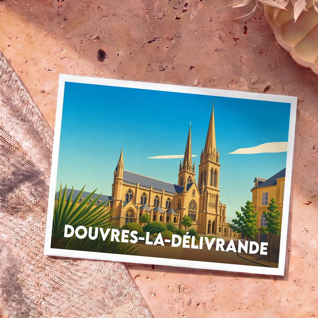 Carte postale souvenir de la ville de Douvres-la-Délivrande avec une illustration stylisée de sa basilique.