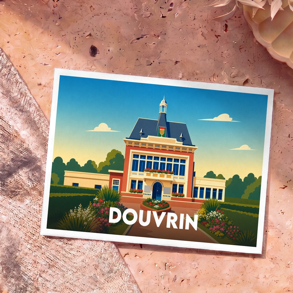 Carte postale souvenir de la ville de Douvrin avec une illustration stylisée de son hôtel de ville.