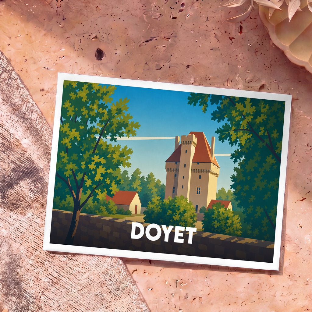Carte postale souvenir de la ville de Doyet avec une illustration stylisée de son château médiéval.