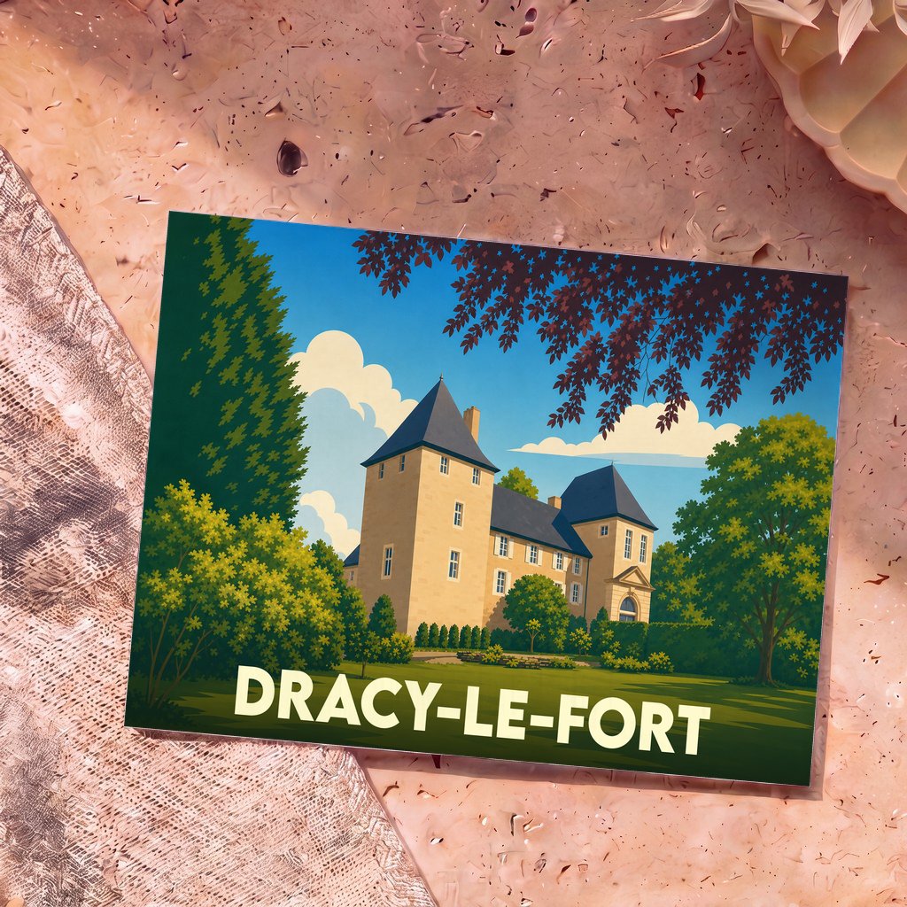 Carte postale souvenir de la ville de Dracy-le-Fort avec une illustration stylisée de son château.