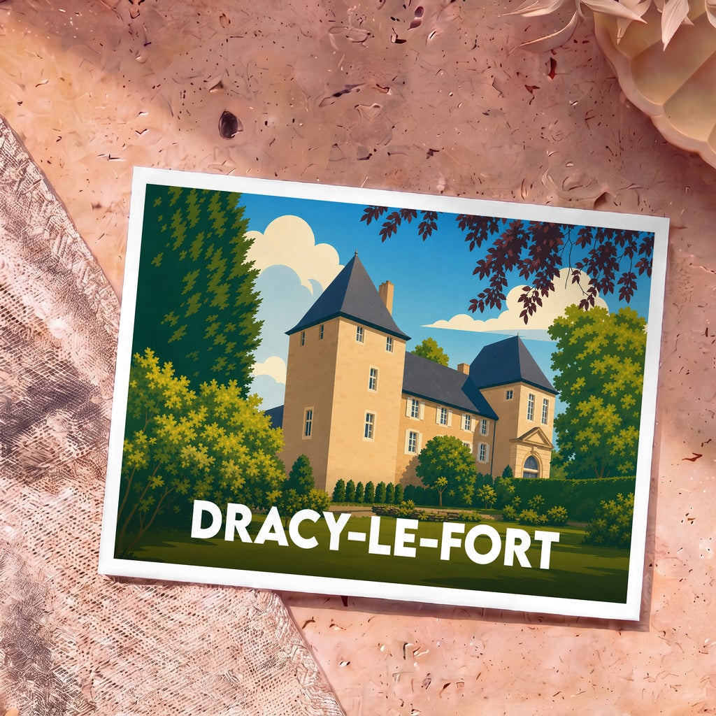 Carte postale souvenir de la ville de Dracy-le-Fort avec une illustration stylisée de son château.