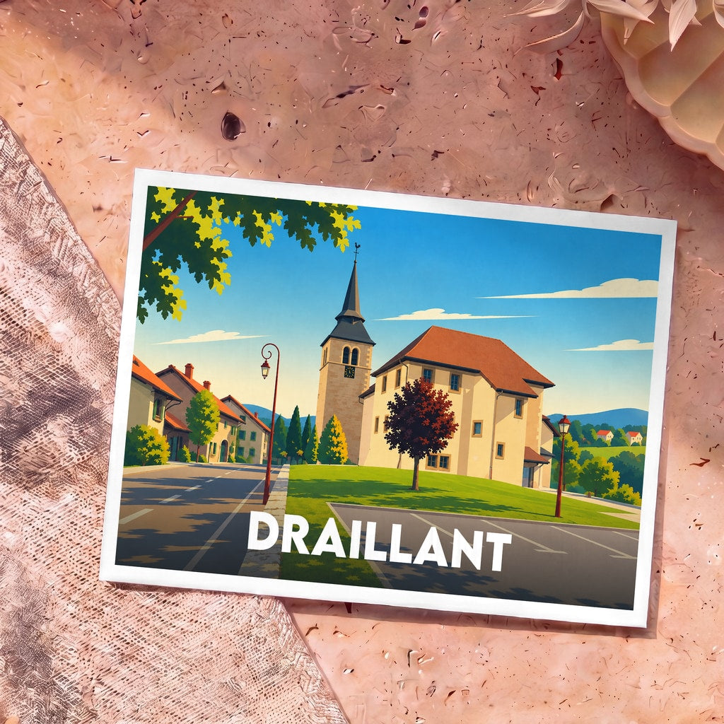 Carte postale souvenir de la ville de Draillant avec une illustration stylisée d'une église et de son village.