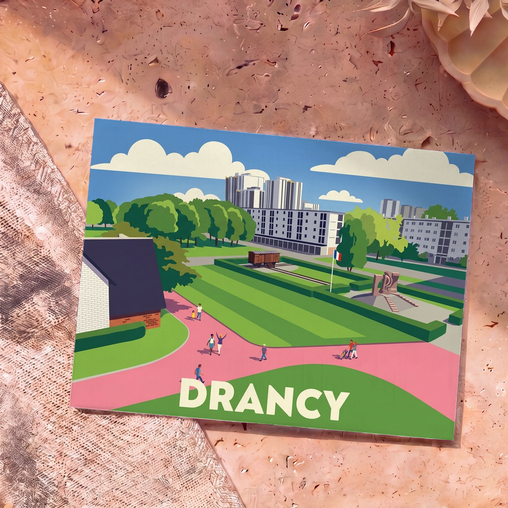 Carte postale souvenir de la ville de Drancy avec une illustration stylisée et colorée.