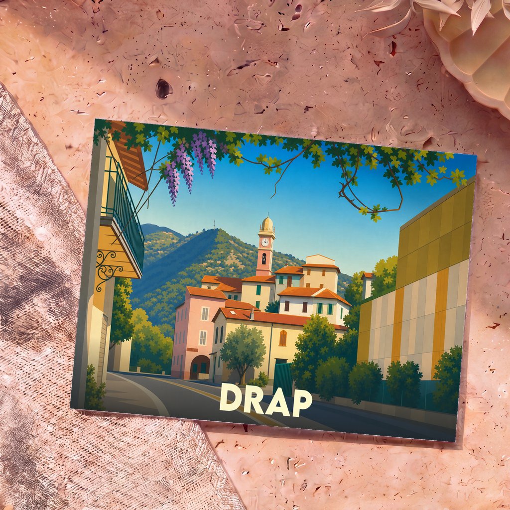 Carte postale souvenir de la ville de Drap avec une illustration stylisée et colorée.