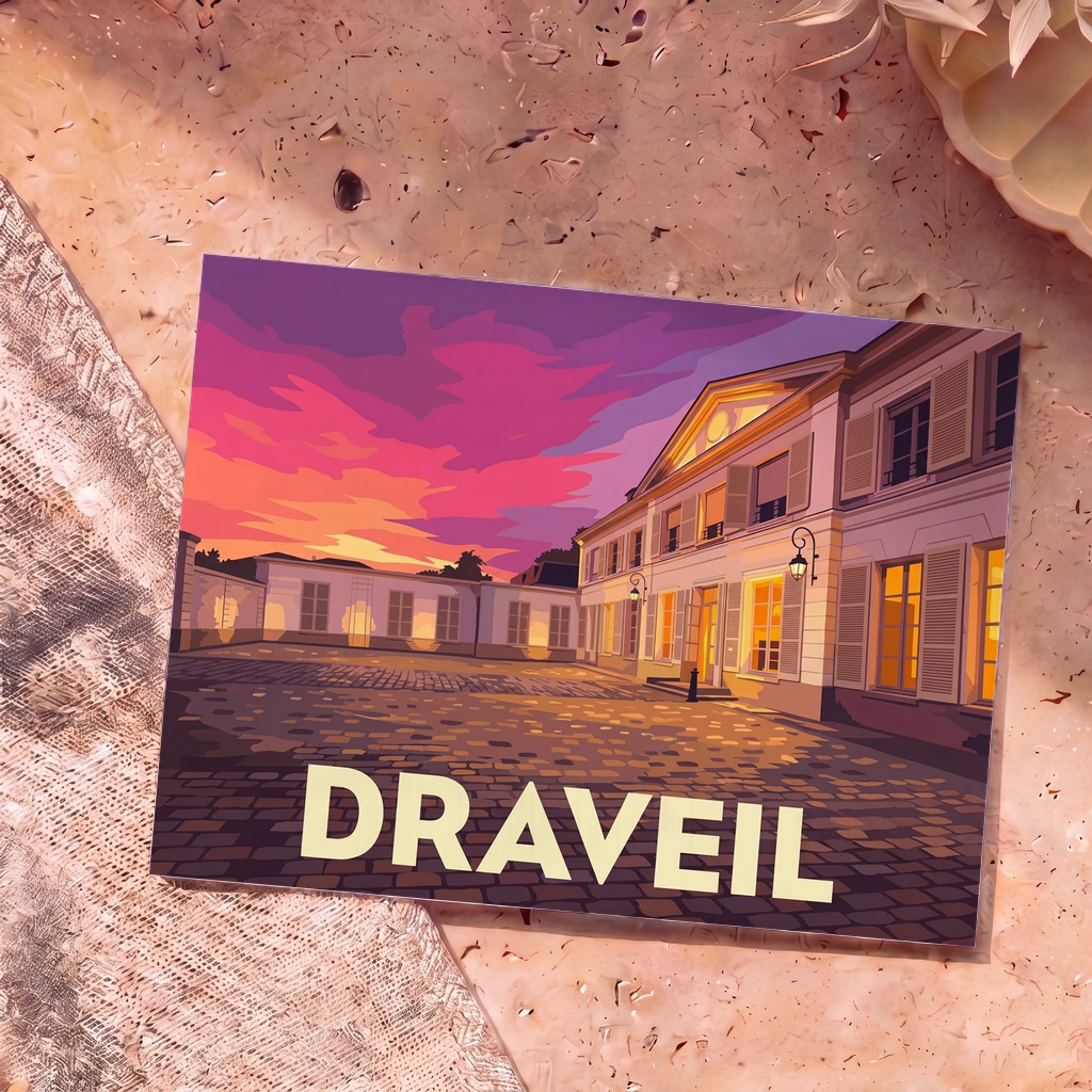 Carte postale souvenir de la ville de Draveil avec une illustration stylisée d'une demeure historique au coucher du soleil.