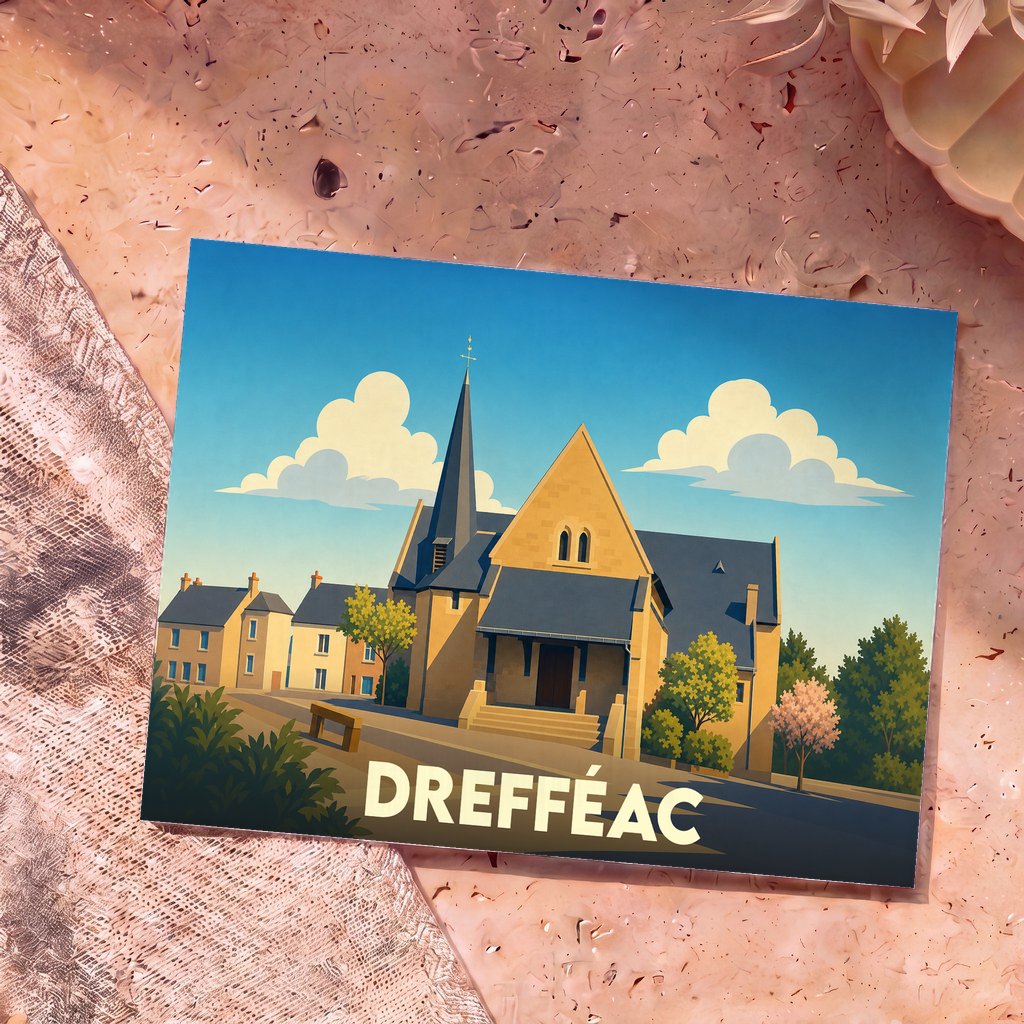 Carte postale souvenir de la ville de Drefféac avec une illustration stylisée de son église et de ses maisons.