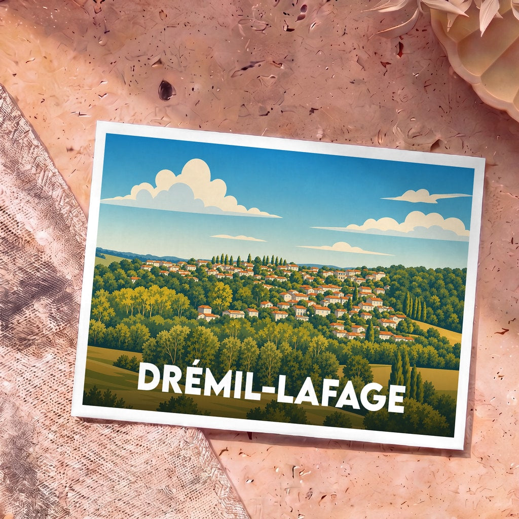 Carte postale souvenir de la ville de Drémil-Lafage avec une illustration stylisée d'un village vallonné.