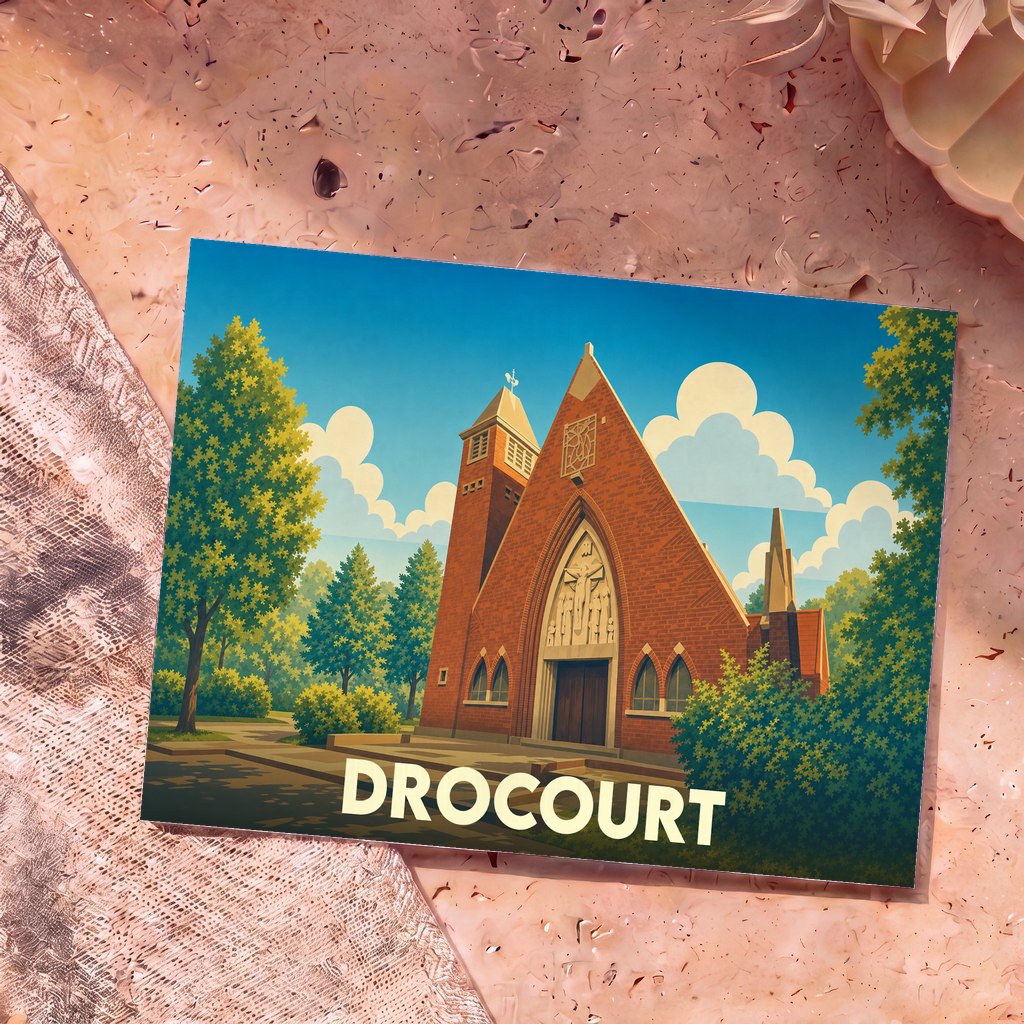 Carte postale souvenir de la ville de Drocourt avec une illustration stylisée de son église.