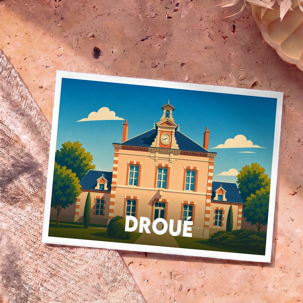 Carte postale souvenir de la ville de Droué représentant son hôtel de ville avec une illustration stylisée.