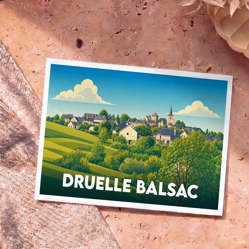 Carte postale souvenir de la ville de Druelle Balsac avec une illustration stylisée de ses maisons et de son église.