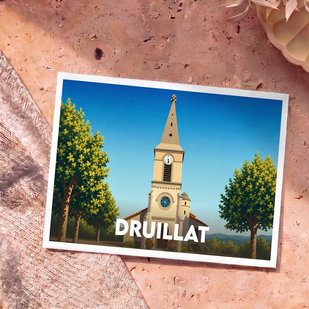 Carte postale souvenir de la ville de Druillat illustrant son église entourée d'arbres dans un style épuré.