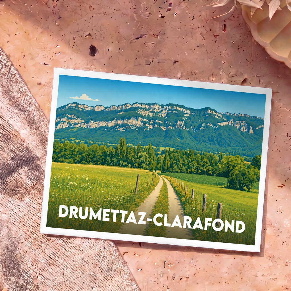 Carte postale souvenir de la commune de Drumettaz-Clarafond avec une illustration stylisée d'un paysage de montagne.