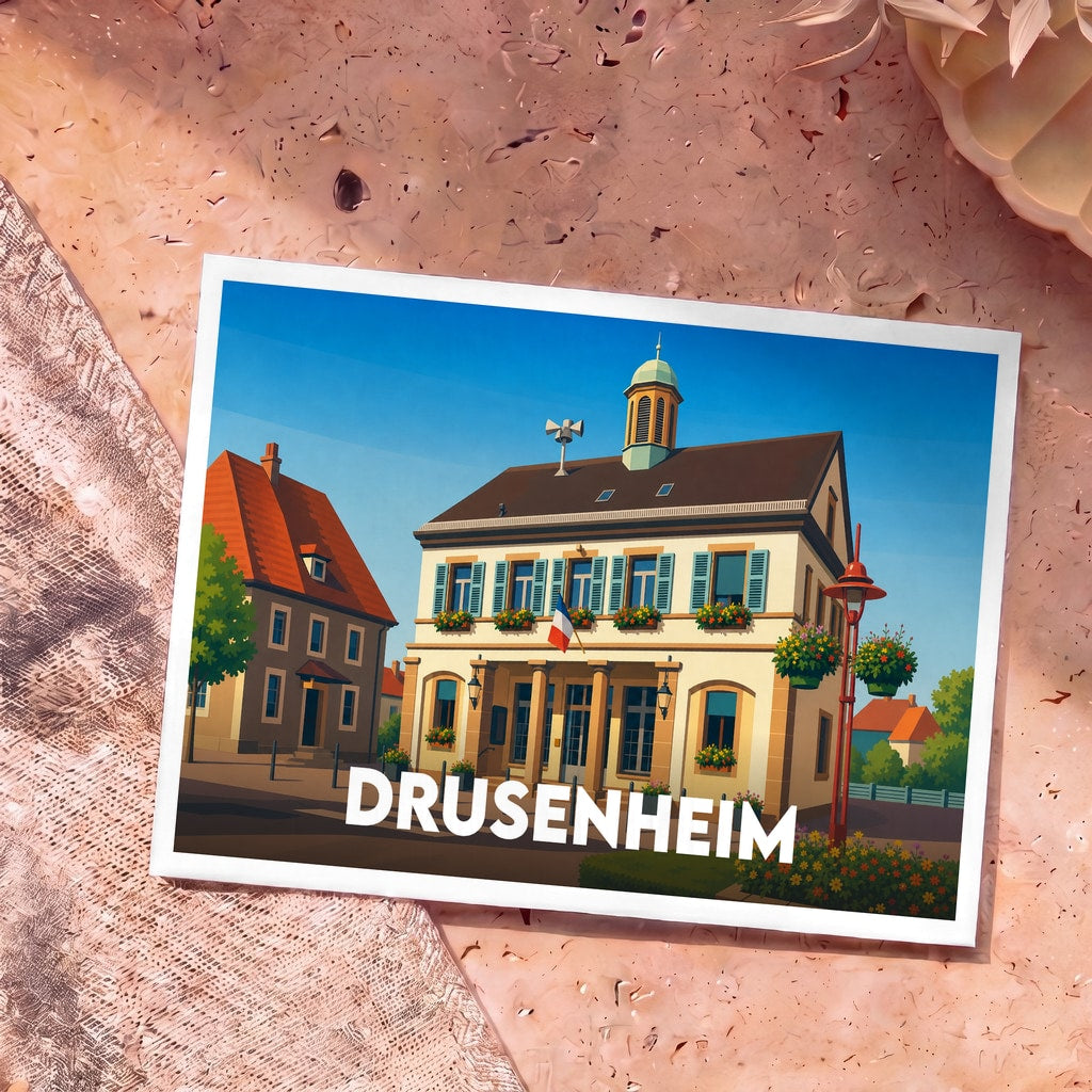 Carte postale souvenir de la ville de Drusenheim avec une illustration stylisée de son hôtel de ville.