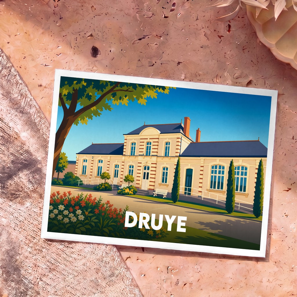Carte postale souvenir de la ville de Druye avec une illustration stylisée de son école publique.