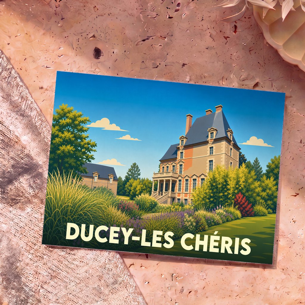 Carte postale souvenir de la ville de Ducey-Les Chéris avec une illustration stylisée du château des Montgommery.