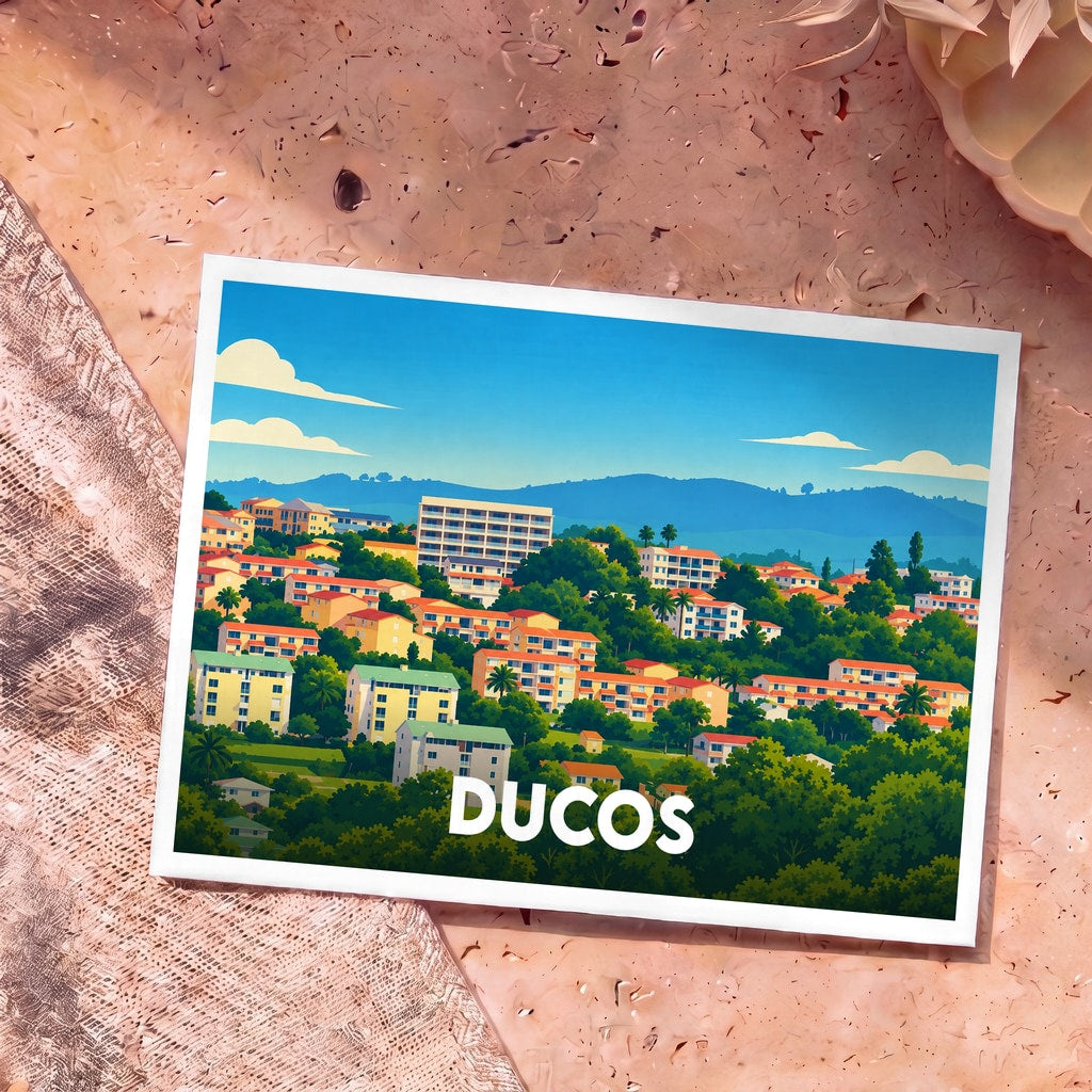 Carte postale souvenir de la ville de Ducos avec une illustration stylisée et colorée.