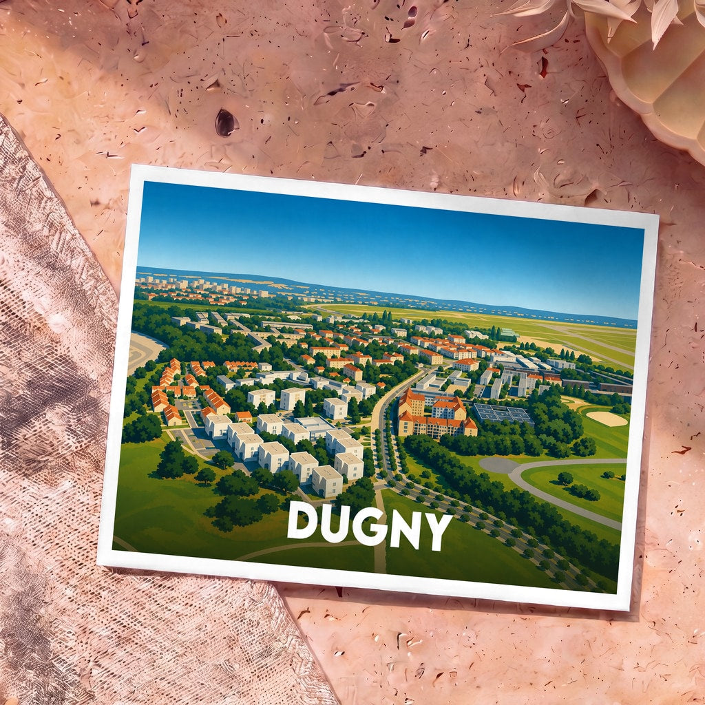 Carte postale souvenir de la ville de Dugny avec une illustration aérienne stylisée.