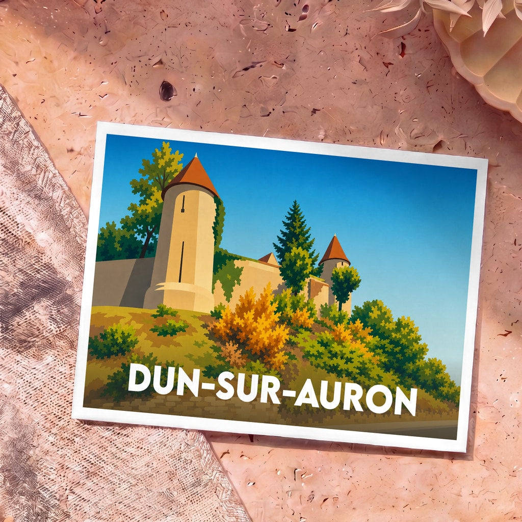 Carte postale souvenir de la ville de Dun-sur-Auron avec une illustration stylisée de ses remparts médiévaux.