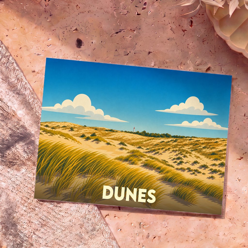 Carte postale souvenir de la ville de Dunes avec une illustration stylisée de son paysage de dunes et d'un phare.