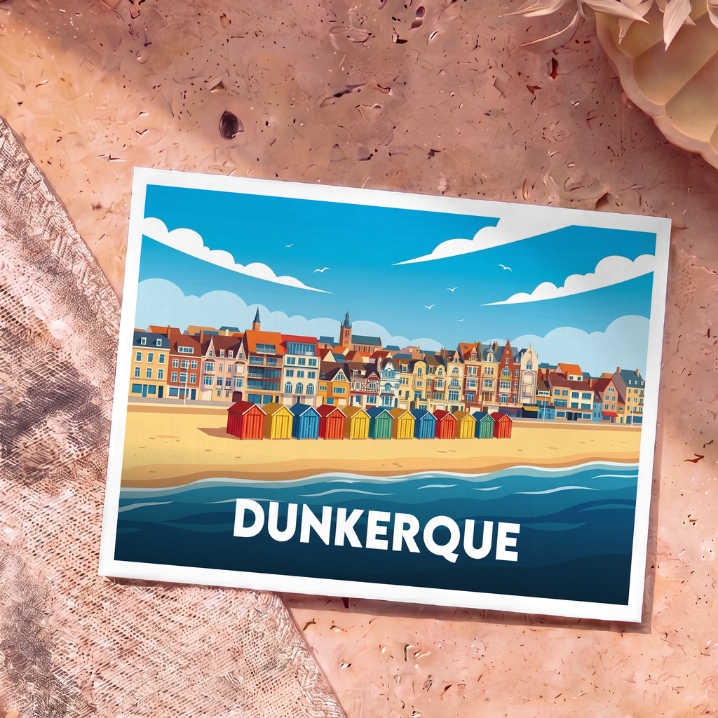 Carte postale souvenir de la ville de Dunkerque avec une illustration stylisée de ses cabines de plage colorées et de son front de mer.