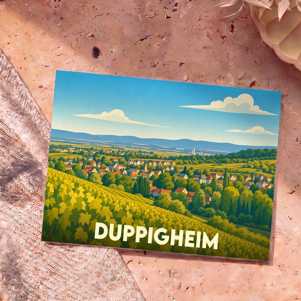 Carte postale souvenir de la ville de Duppigheim avec une illustration stylisée de ses vignobles et de son village.