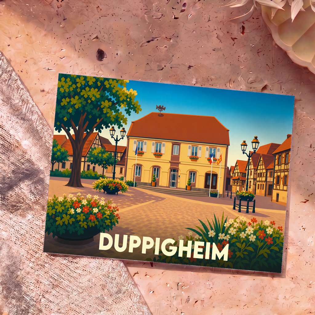 Carte postale souvenir de la ville de Duppigheim avec une illustration stylisée de sa place centrale.