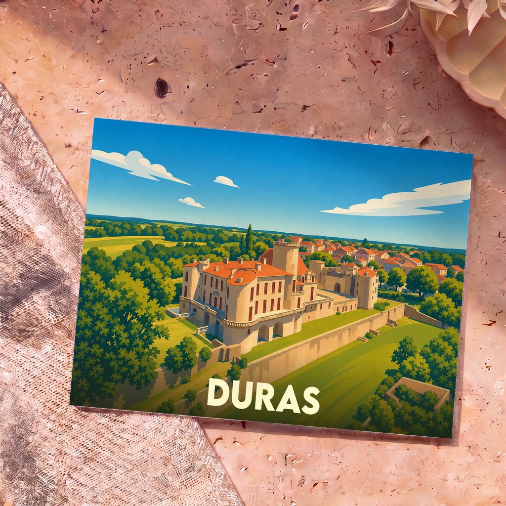 Carte postale souvenir de la ville de Duras représentant son château avec une illustration stylisée.