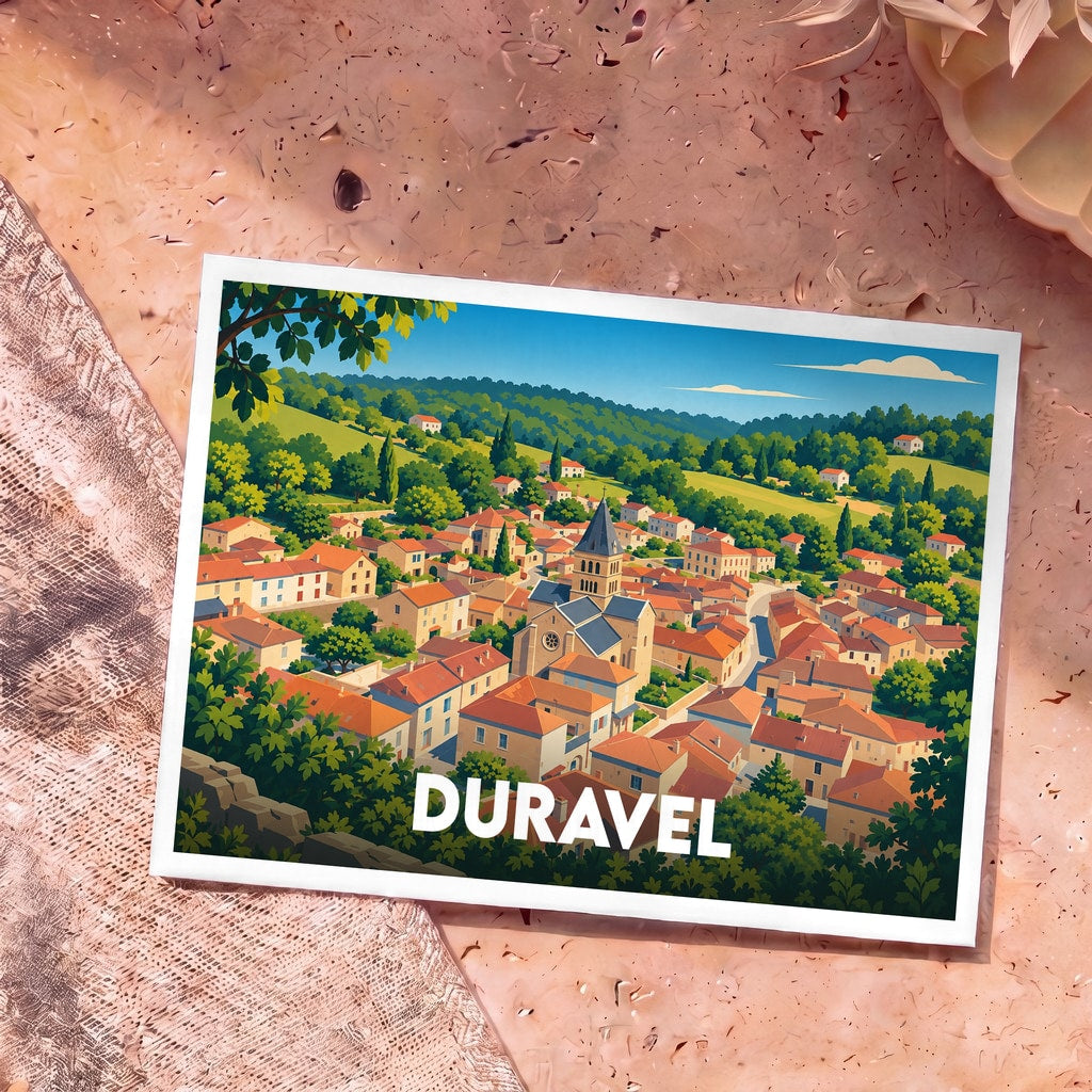 Carte postale souvenir de la ville de Duravel avec une illustration stylisée et colorée.