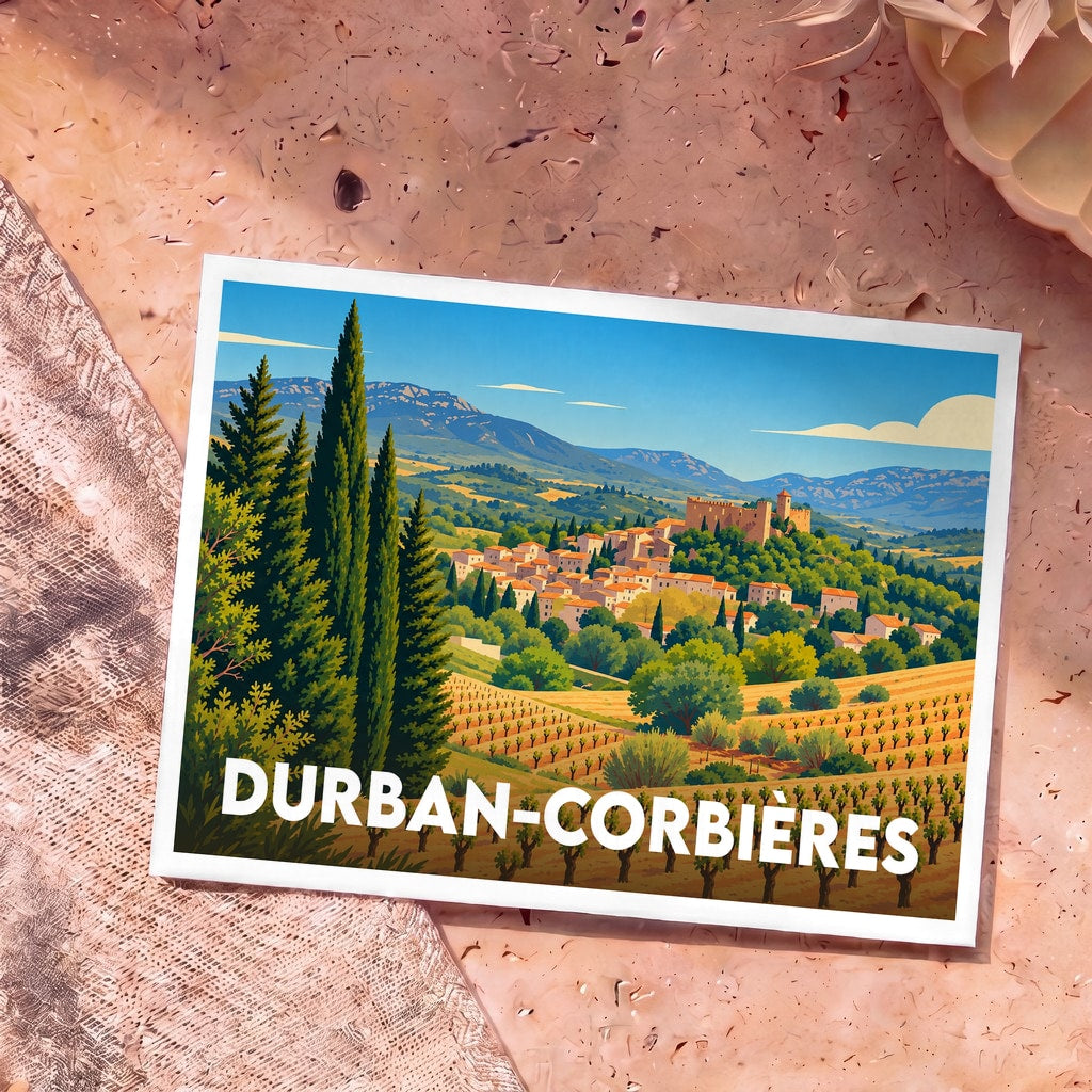 Carte postale souvenir de la ville de Durban-Corbières avec une illustration stylisée de son paysage vallonné et de ses vignobles.