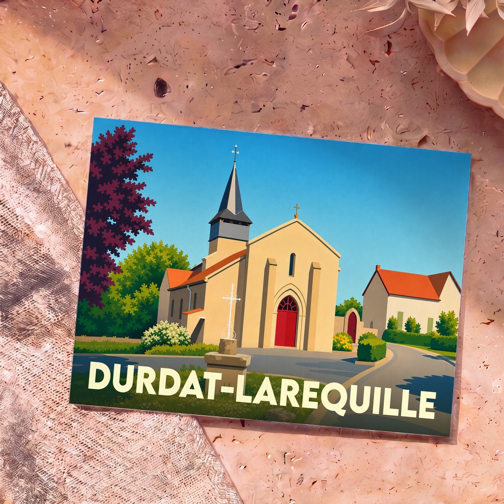Carte postale souvenir de la ville de Durdat-Larequille avec une illustration stylisée de son église.