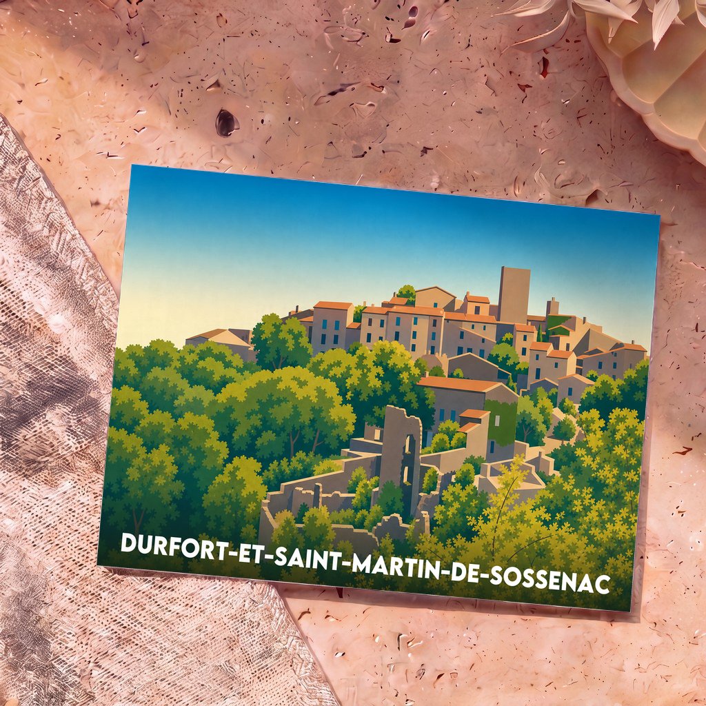 Carte postale souvenir de Durfort-et-Saint-Martin-de-Sossenac avec une illustration stylisée du village et de sa végétation.