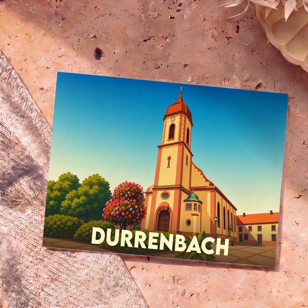 Carte postale souvenir de la ville de Durrenbach illustrant son église dans un style graphique épuré.