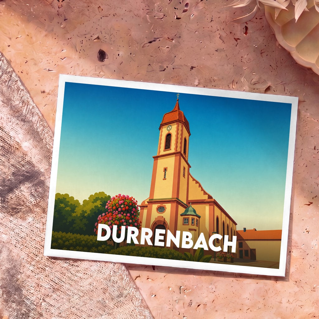 Carte postale souvenir de la ville de Durrenbach illustrant son église dans un style graphique épuré.