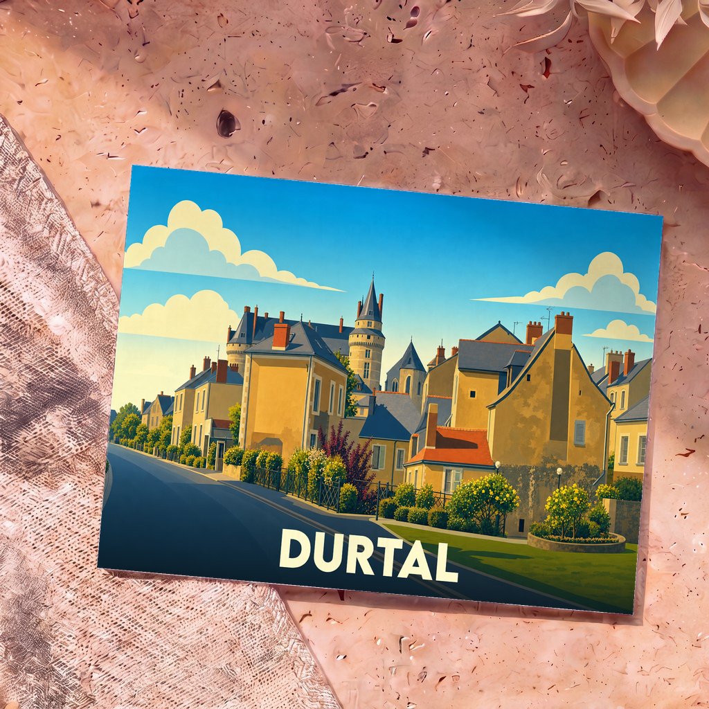 Carte postale souvenir de la ville de Durtal avec une illustration stylisée et colorée de ses bâtiments historiques.