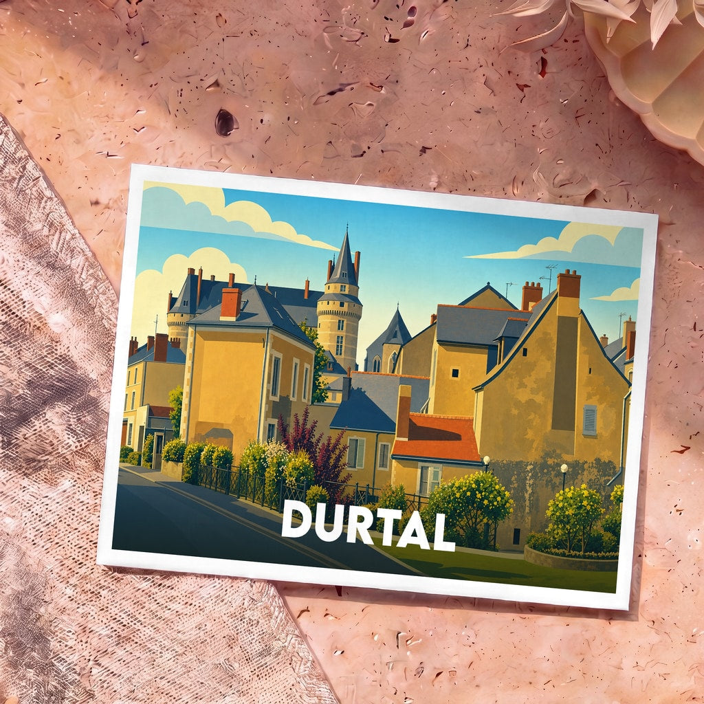 Carte postale souvenir de la ville de Durtal avec une illustration stylisée et colorée de ses bâtiments historiques.