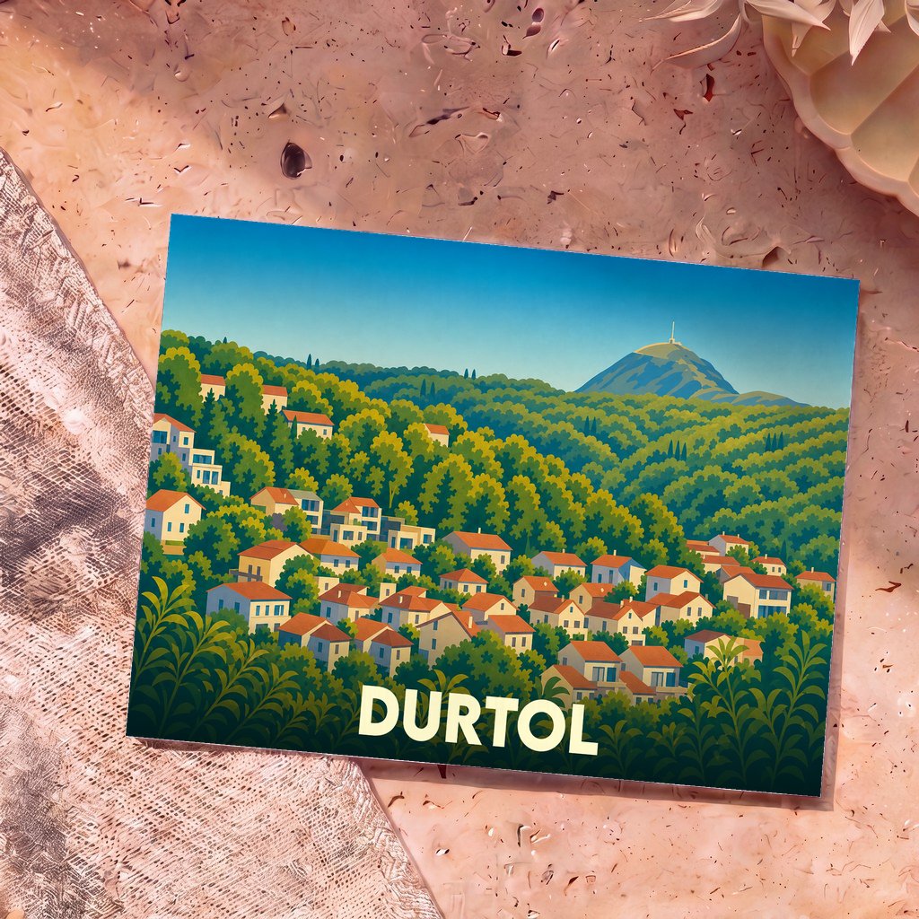 Carte postale souvenir de la ville de Durtol avec une illustration stylisée d'un village vallonné et du Puy de Dôme.