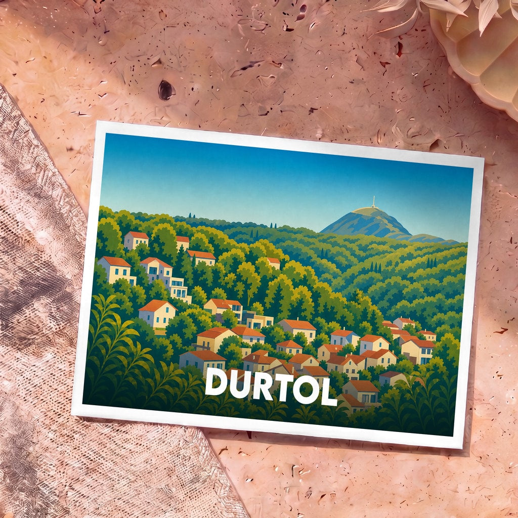 Carte postale souvenir de la ville de Durtol avec une illustration stylisée d'un village vallonné et du Puy de Dôme.