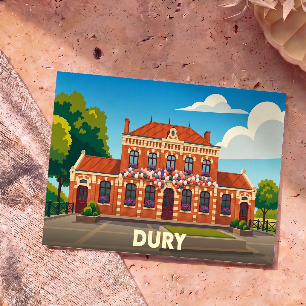 Carte postale souvenir de la ville de Dury avec une illustration stylisée de son hôtel de ville fleuri.